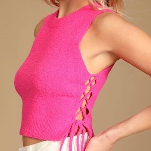 lulus Tied Score Hot Pink Lace Up Sweater Tank, XS